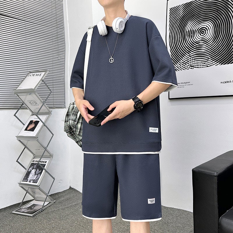 Waffled Casual Trendy Men'S Summer Ice Silk Short-Sleeved T-Sleeve Two-Piece Set Classic Casual Sports Pants Suit - Image 3