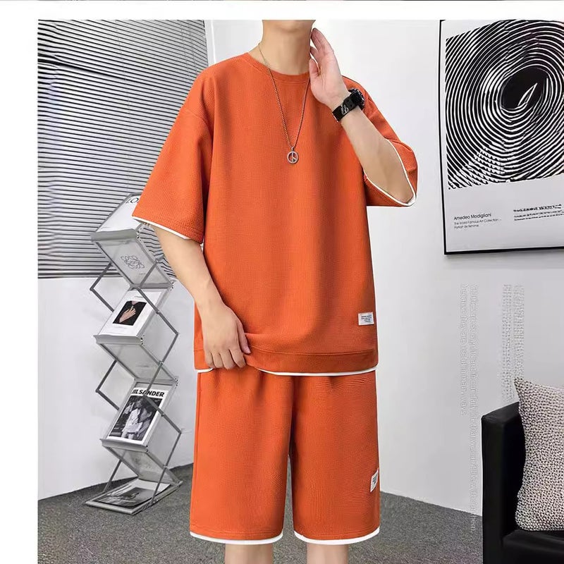 Waffled Casual Trendy Men'S Summer Ice Silk Short-Sleeved T-Sleeve Two-Piece Set Classic Casual Sports Pants Suit - Image 5