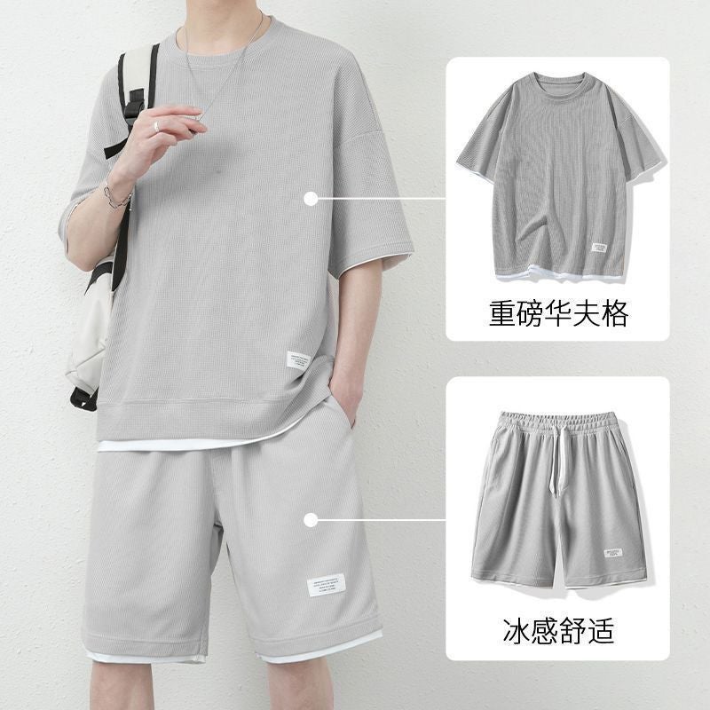 Waffled Casual Trendy Men'S Summer Ice Silk Short-Sleeved T-Sleeve Two-Piece Set Classic Casual Sports Pants Suit - Image 1