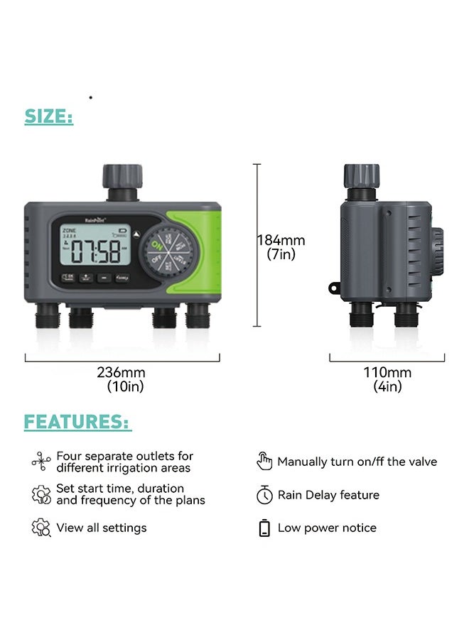 RAINPOINT - 4 Zone Water Timer for Garden Hose - 4 Outlets Hose Timers for Watering with Rain Delay/Manual/Automatic Timed Irrigation Controller System - Image 1