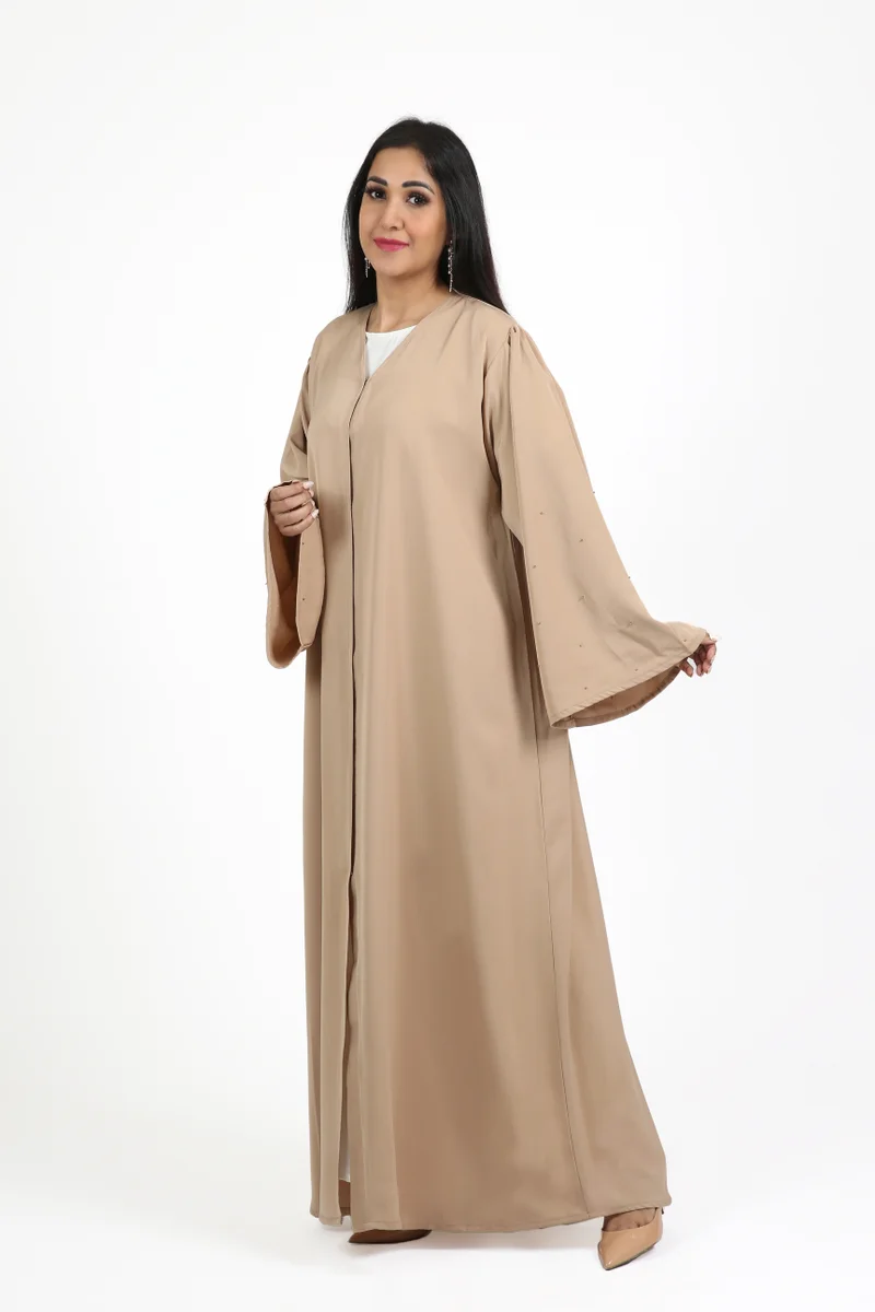 Nikias  Beige Nida Abaya with Crystal Handwork on Sleeves for Women | Best Price UAE