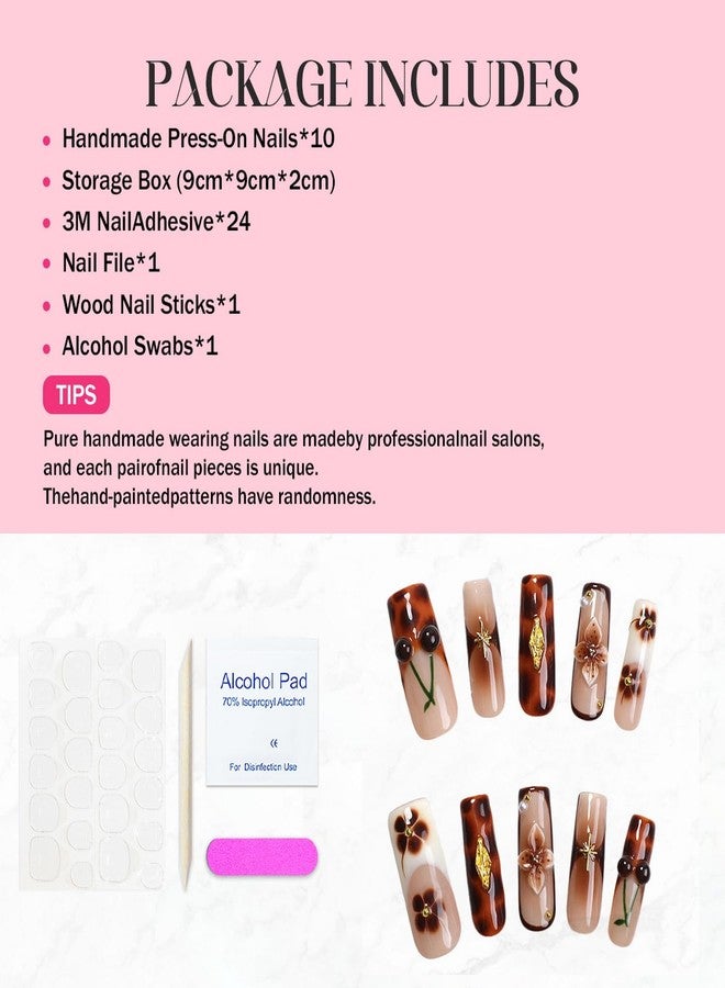 OCOUYVD Brown French Tip Press on Nails Long Coffin Fake Nails Handmade Press on Nails 3D Luxury Flower and Cherry Embossed Designs Muti-Layer Gel Thick False Nails Glossy Acrylic Nails for Women (Size M) - Image 4