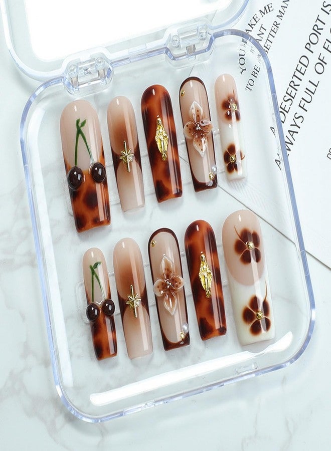 OCOUYVD Brown French Tip Press on Nails Long Coffin Fake Nails Handmade Press on Nails 3D Luxury Flower and Cherry Embossed Designs Muti-Layer Gel Thick False Nails Glossy Acrylic Nails for Women (Size M) - Image 1