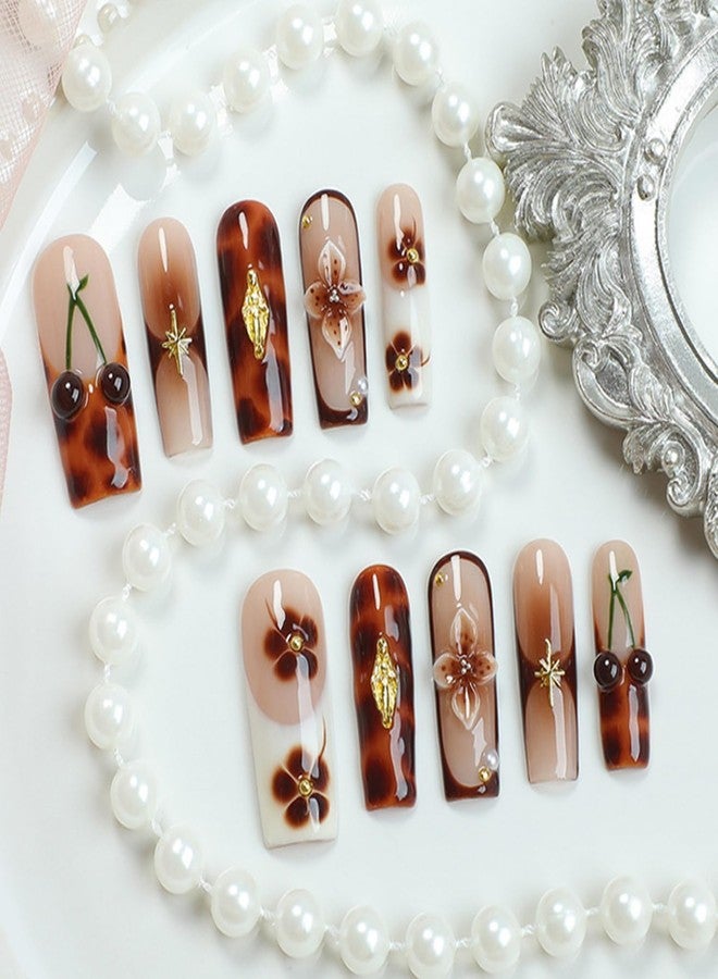 OCOUYVD Brown French Tip Press on Nails Long Coffin Fake Nails Handmade Press on Nails 3D Luxury Flower and Cherry Embossed Designs Muti-Layer Gel Thick False Nails Glossy Acrylic Nails for Women (Size M) - Image 3