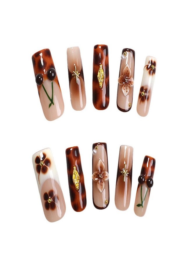 OCOUYVD Brown French Tip Press on Nails Long Coffin Fake Nails Handmade Press on Nails 3D Luxury Flower and Cherry Embossed Designs Muti-Layer Gel Thick False Nails Glossy Acrylic Nails for Women (Size M) - Image 5