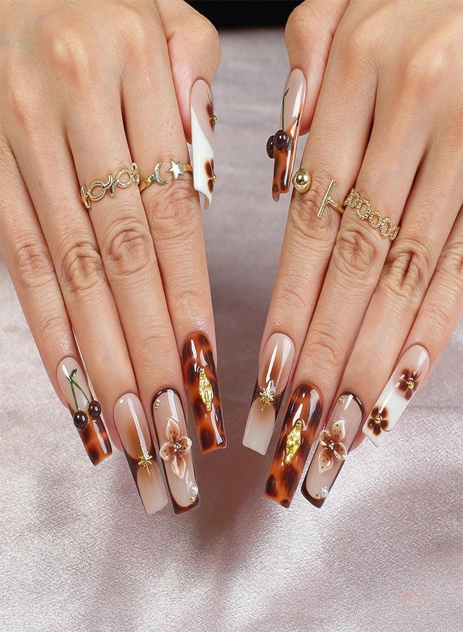 OCOUYVD Brown French Tip Press on Nails Long Coffin Fake Nails Handmade Press on Nails 3D Luxury Flower and Cherry Embossed Designs Muti-Layer Gel Thick False Nails Glossy Acrylic Nails for Women (Size M) - Image 2