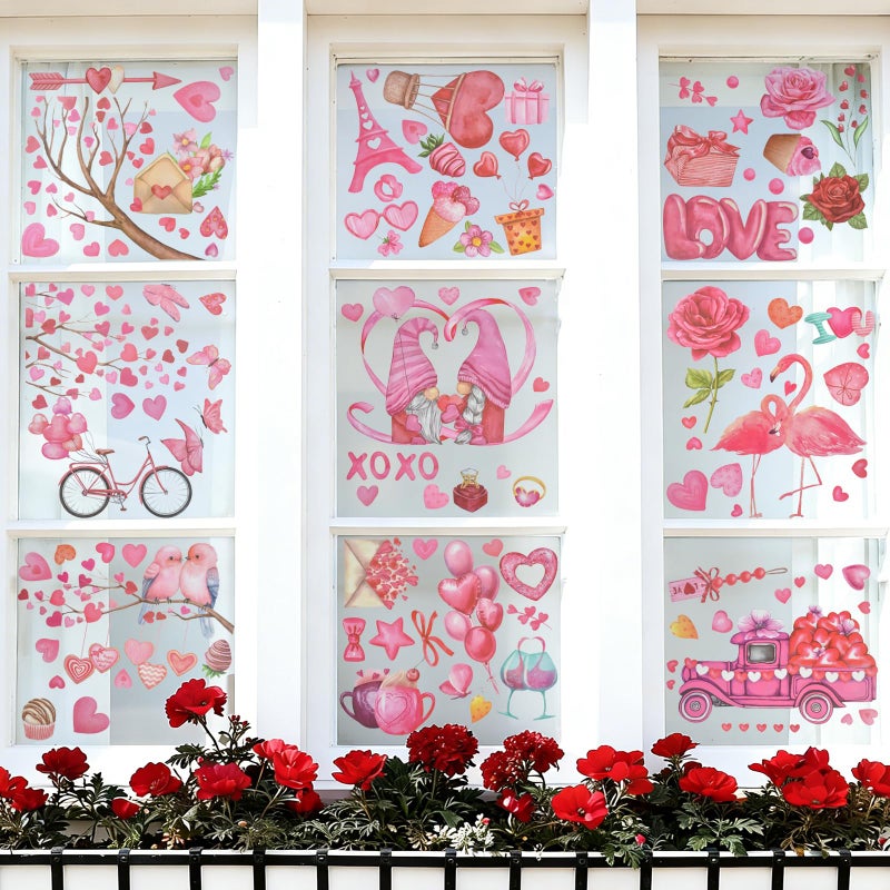letesult 9 Sheets Valentines Day Window Clings Decorations, Valentines Pink Flower Love Stickers Double Sided Window Clings for Glass Windows, Reusable Decals Decor for Home Anniversary Wedding Party - Image 1