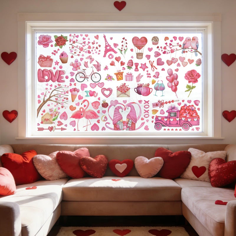 letesult 9 Sheets Valentines Day Window Clings Decorations, Valentines Pink Flower Love Stickers Double Sided Window Clings for Glass Windows, Reusable Decals Decor for Home Anniversary Wedding Party - Image 3
