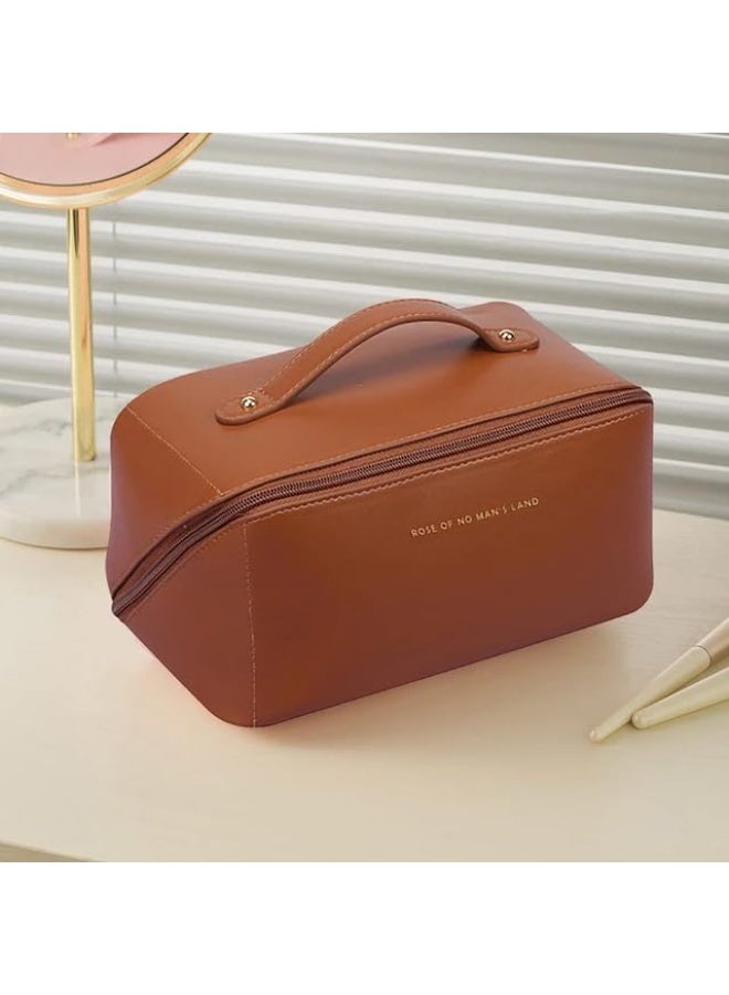 MXM Travel Makeup Bag for Women, Large Capacity PU Leather Cosmetic Pouch, Waterproof Portable Toiletry & Bathroom Organizer Case (Brown) - Image 2