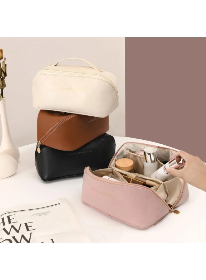 MXM Travel Makeup Bag for Women, Large Capacity PU Leather Cosmetic Pouch, Waterproof Portable Toiletry & Bathroom Organizer Case (Brown) - Image 4