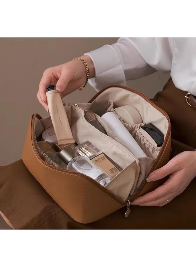 MXM Travel Makeup Bag for Women, Large Capacity PU Leather Cosmetic Pouch, Waterproof Portable Toiletry & Bathroom Organizer Case (Brown) - Image 5