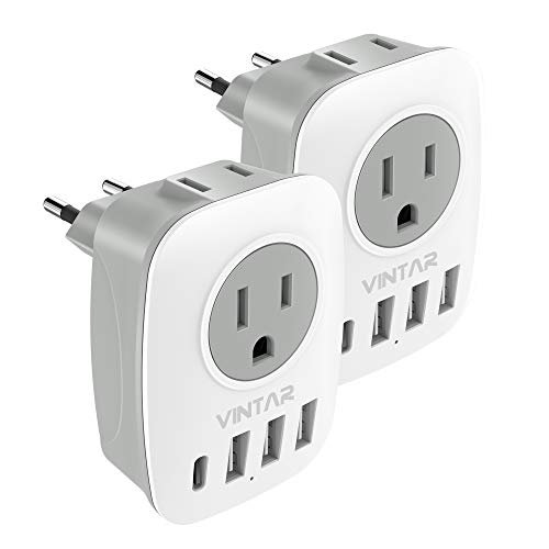 VINTAR 2 Pack European Travel Plug Adapter, VINTAR International Power Plug Adapter with 1 USB C, 2 American Outlets and 3 USB Ports, 6 in 1 Travel Essentials to Most of Europe Greece, Italy(Type C) - Image 1