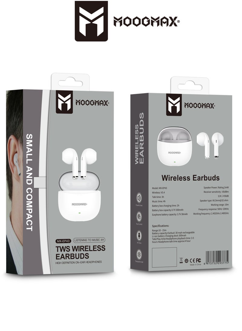 MOOGMAX - Moogmax MX-EP43 A TWS wireless Earbuds with built-in a clear microphone and powerful HAFI clear sound, Bluetooth 5.4V and ergonomic elegant design. in white color - Image 1