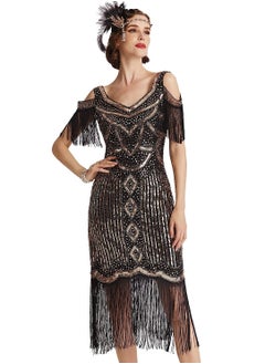1920s Flapper Dress Long Fringe Gatsby Roaring 20s Sequin Beaded Vintage Art Deco Dress, M