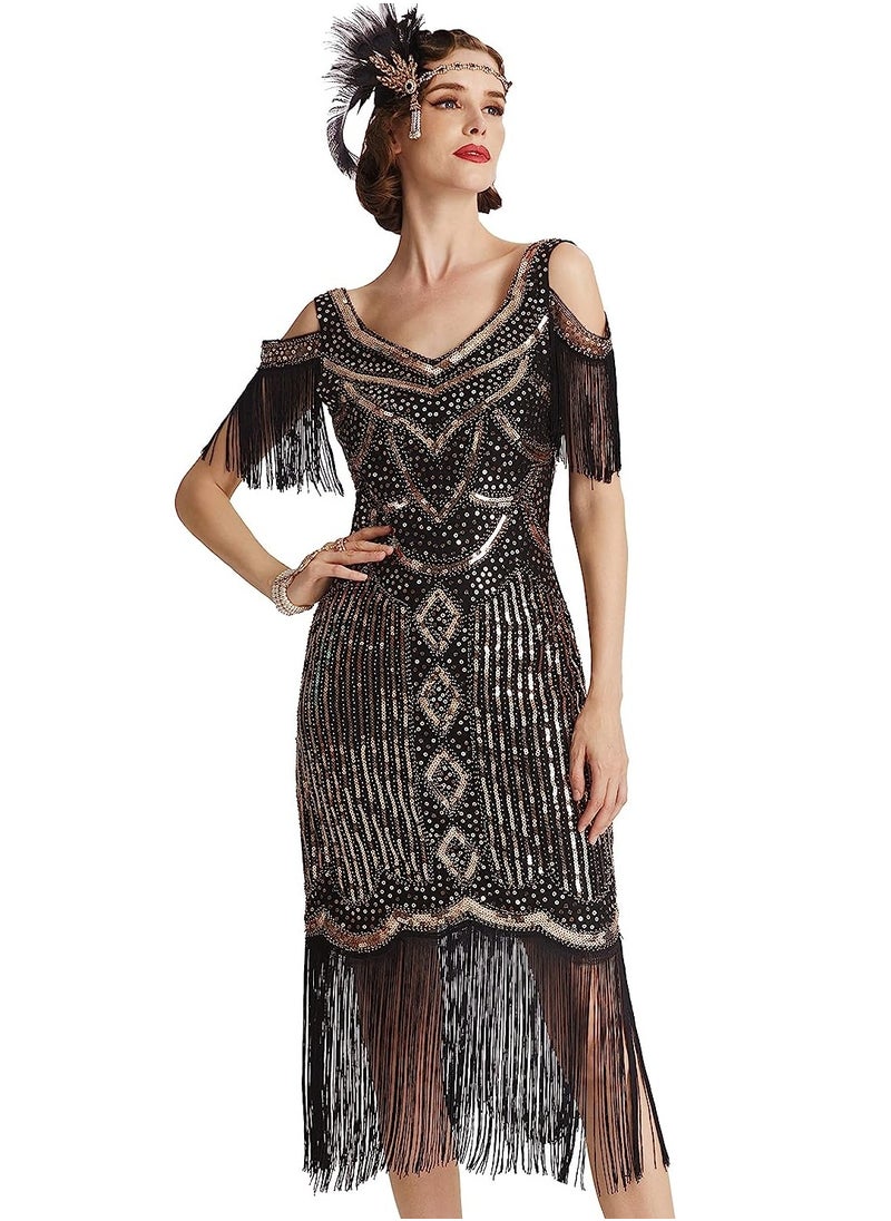 SYOSI - 1920s Flapper Dress Long Fringe Gatsby Roaring 20s Sequin Beaded Vintage Art Deco Dress, M - Image 1