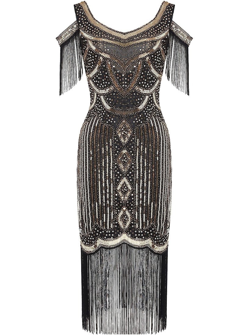 SYOSI - 1920s Flapper Dress Long Fringe Gatsby Roaring 20s Sequin Beaded Vintage Art Deco Dress, M - Image 1