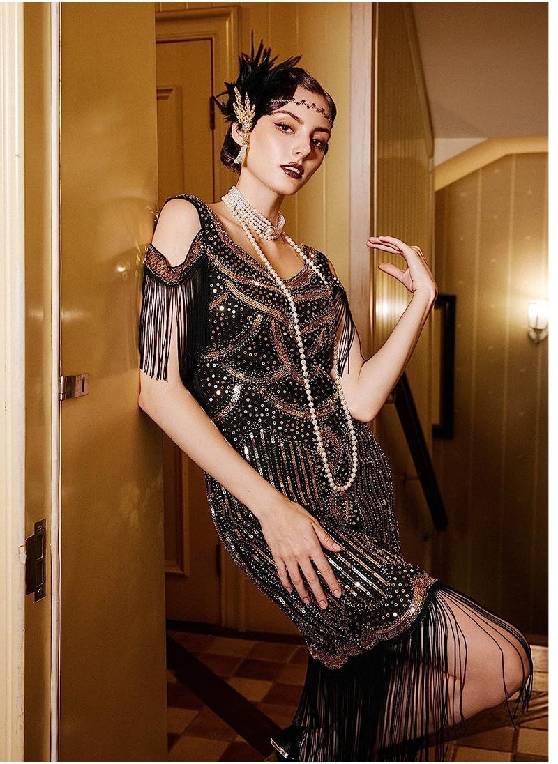 SYOSI - 1920s Flapper Dress Long Fringe Gatsby Roaring 20s Sequin Beaded Vintage Art Deco Dress, M - Image 1