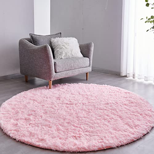 FJZFING Pink Round Rug Ultra-Soft Plush Modern 5x5 Circle Area Rug for Kid's Bedroom, Fluffy Shag Circular Rug for Nursery Room, Non-Slip Home Decor Cute Pink Carpet for Teen's Room - Image 1