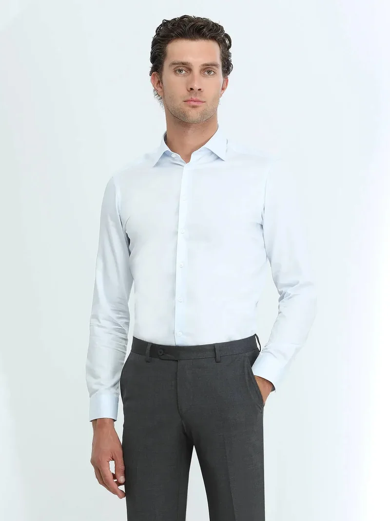 Kip Light Blue Plain Slim Fit Weaving Classical 100% Cotton Shirt