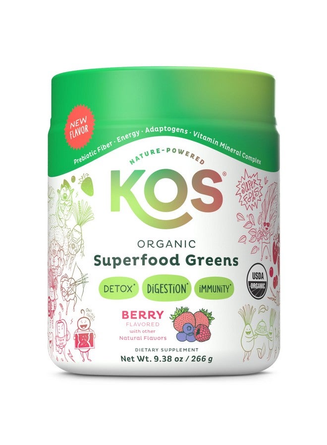 KOS Organic Superfood Greens Powder - Gut Health from Prebiotic Fiber, Supergreens and Adaptogens - USDA Certified Organic, Made in a GMP Certified Facility - 28 Servings Berry - Image 1