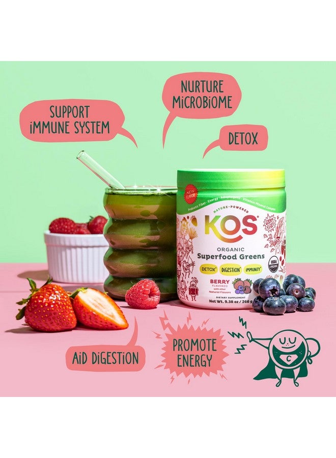KOS Organic Superfood Greens Powder - Gut Health from Prebiotic Fiber, Supergreens and Adaptogens - USDA Certified Organic, Made in a GMP Certified Facility - 28 Servings Berry - Image 2