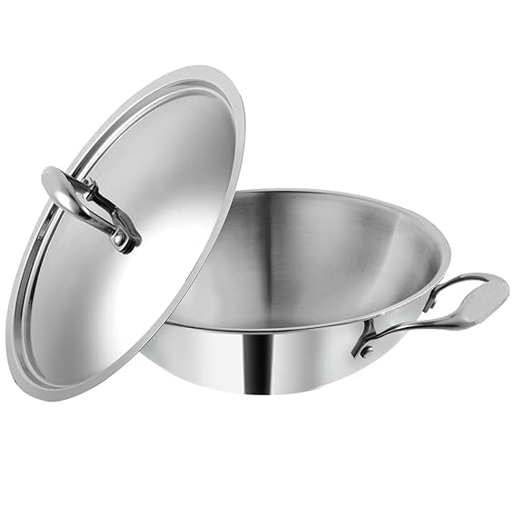 Shopsidex Platinum Triply Stainless Steel Kadai with Stainless Steel Lid 25 litres Capacity 24 cm Diameter with Riveted Handles Induction and Gas Stove Friendly - Image 1