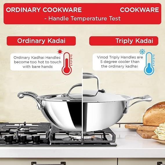 Shopsidex Platinum Triply Stainless Steel Kadai with Stainless Steel Lid 25 litres Capacity 24 cm Diameter with Riveted Handles Induction and Gas Stove Friendly - Image 2