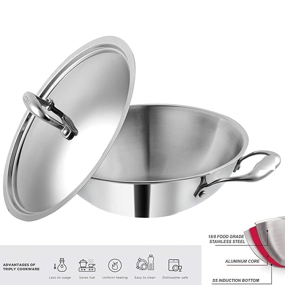 Shopsidex Platinum Triply Stainless Steel Kadai with Stainless Steel Lid 25 litres Capacity 24 cm Diameter with Riveted Handles Induction and Gas Stove Friendly - Image 3