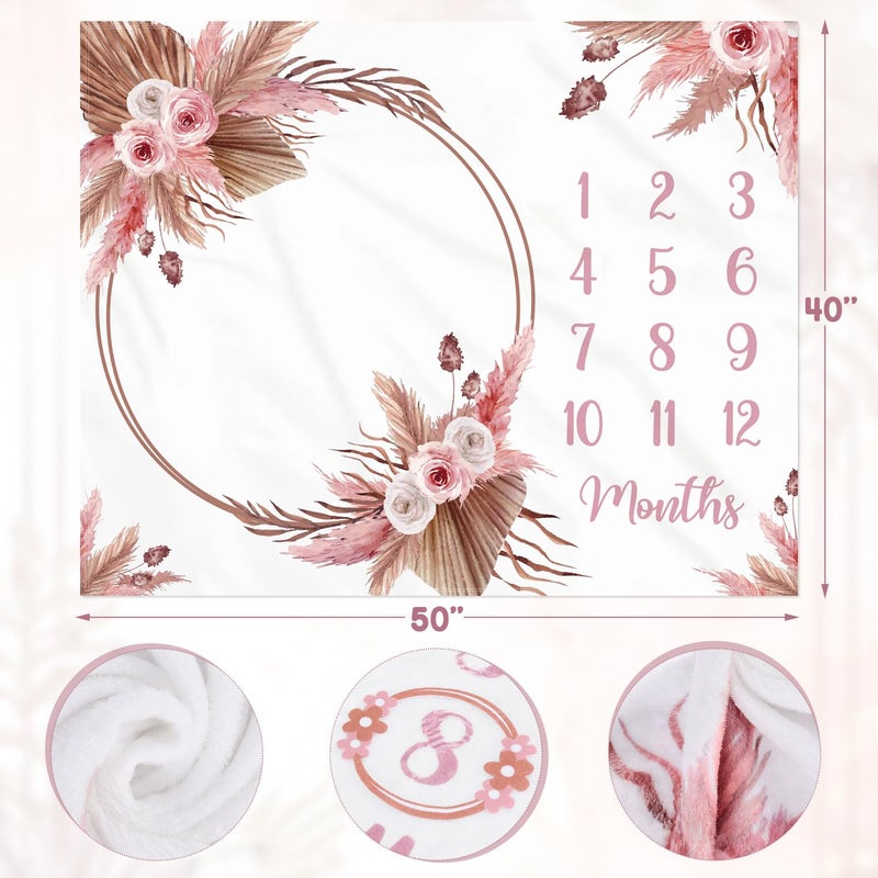 Gicoherero Floral Boho Baby Monthly Milestone Blanket Little Girl Bohemian Photo Prop Blanket Personalized Bliss Baby Present Pampas Grass Ideas for Newborn Princess Pinkk Nursery DÃ©cor 40" X 50" - Image 4