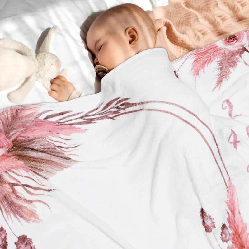 Gicoherero Floral Boho Baby Monthly Milestone Blanket Little Girl Bohemian Photo Prop Blanket Personalized Bliss Baby Present Pampas Grass Ideas for Newborn Princess Pinkk Nursery DÃ©cor 40" X 50" - Image 5