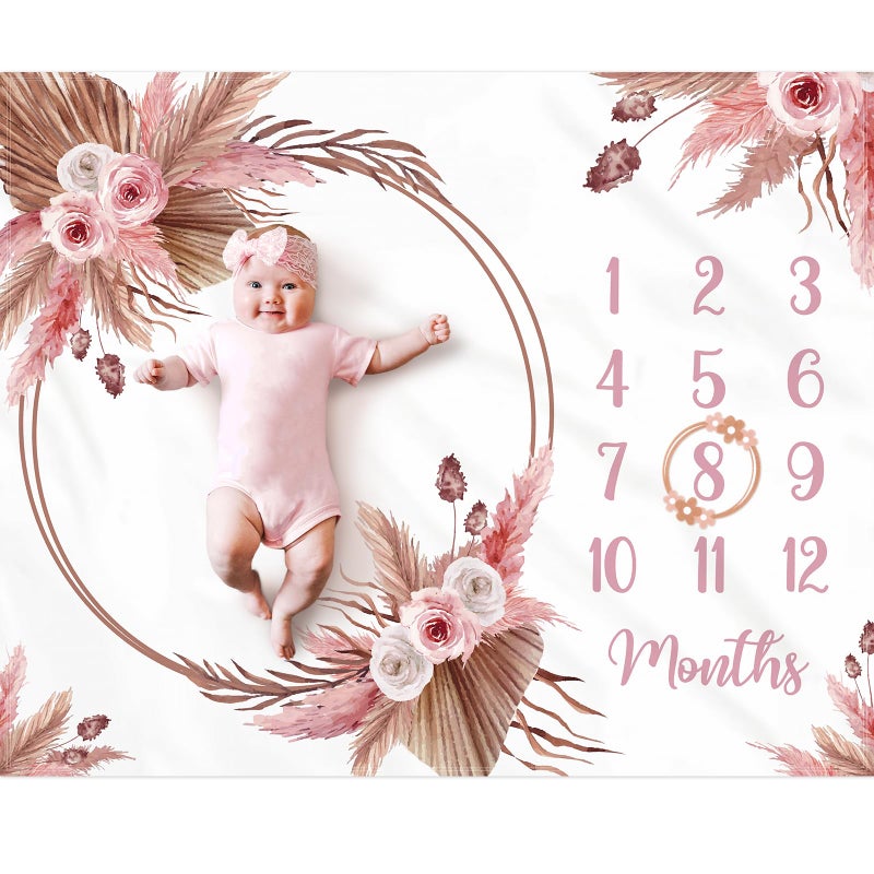 Gicoherero Floral Boho Baby Monthly Milestone Blanket Little Girl Bohemian Photo Prop Blanket Personalized Bliss Baby Present Pampas Grass Ideas for Newborn Princess Pinkk Nursery DÃ©cor 40" X 50" - Image 1