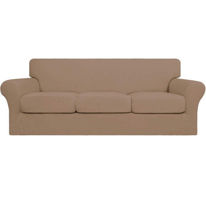 EASYGOING 4 PIECES STRETCH SOFT COUCH COVER FOR DOGS WASHABLE SOFA SLIPCOVER FOR 3 SEPARATE CUSHION COUCH ELASTIC FURNITURE PROTECTOR FOR PETS KIDS SOFA CAMEL