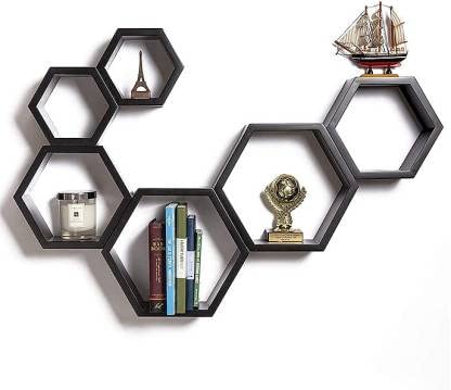 TechHark Home Décor Hexagonal Shape MDF (Medium Density Fiber) Fiber Wall Shelf, Living Room Decorative Self (6PC's Black Wall Shelf) - Image 1