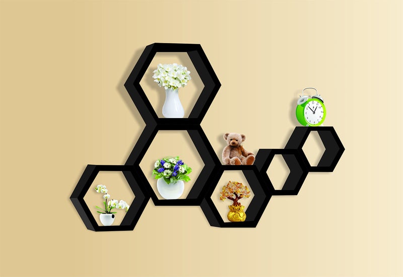 TechHark Home Décor Hexagonal Shape MDF (Medium Density Fiber) Fiber Wall Shelf, Living Room Decorative Self (6PC's Black Wall Shelf) - Image 3