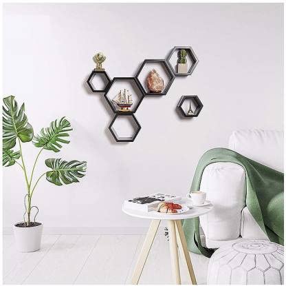 TechHark Home Décor Hexagonal Shape MDF (Medium Density Fiber) Fiber Wall Shelf, Living Room Decorative Self (6PC's Black Wall Shelf) - Image 4