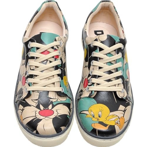 DOGO Vegan Leather Sneakers for Women - Handmade and Unique Fashion Sneakers for Women, Catch Me If You Can Tweety Design, Size 5 - Image 2
