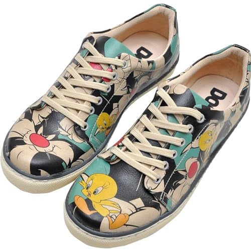 DOGO Vegan Leather Sneakers for Women - Handmade and Unique Fashion Sneakers for Women, Catch Me If You Can Tweety Design, Size 5 - Image 1