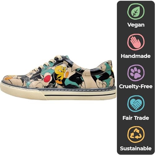DOGO Vegan Leather Sneakers for Women - Handmade and Unique Fashion Sneakers for Women, Catch Me If You Can Tweety Design, Size 5 - Image 3
