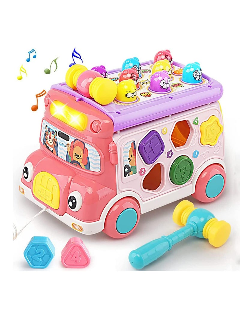 SYOSI Adorable Stone Push Pull Bus Toy, Baby Musical Learning Toys with Sound  Light, Whack-a-Mole Game, Shape Matching, Gear, Toy Clock, Activity Bus Toy Early Education Gift for Toddler Boys Girls - Image 1