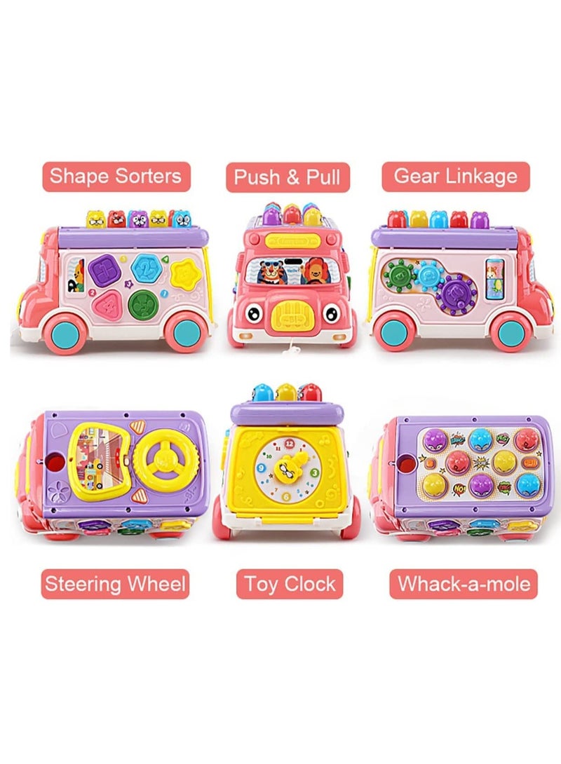 SYOSI Adorable Stone Push Pull Bus Toy, Baby Musical Learning Toys with Sound  Light, Whack-a-Mole Game, Shape Matching, Gear, Toy Clock, Activity Bus Toy Early Education Gift for Toddler Boys Girls - Image 3
