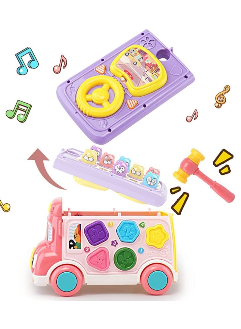 SYOSI Adorable Stone Push Pull Bus Toy, Baby Musical Learning Toys with Sound  Light, Whack-a-Mole Game, Shape Matching, Gear, Toy Clock, Activity Bus Toy Early Education Gift for Toddler Boys Girls - Image 4