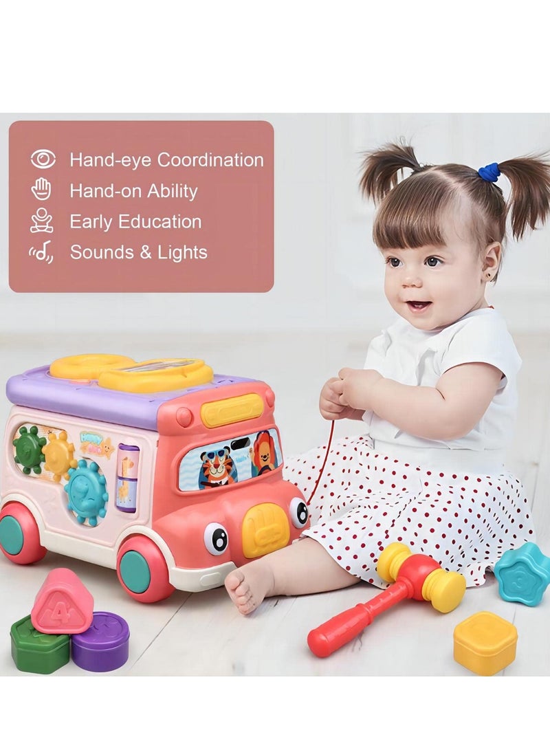 SYOSI Adorable Stone Push Pull Bus Toy, Baby Musical Learning Toys with Sound  Light, Whack-a-Mole Game, Shape Matching, Gear, Toy Clock, Activity Bus Toy Early Education Gift for Toddler Boys Girls - Image 2