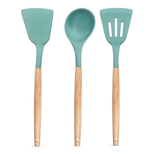 MYOZ Silicone Spatula Set for Non Stick Pan, Ladle, Turner, Spatula Kitchen Cookware Set with Wooden Handles, Baking and Mixing, Durable (3Pc, Green) - Image 1