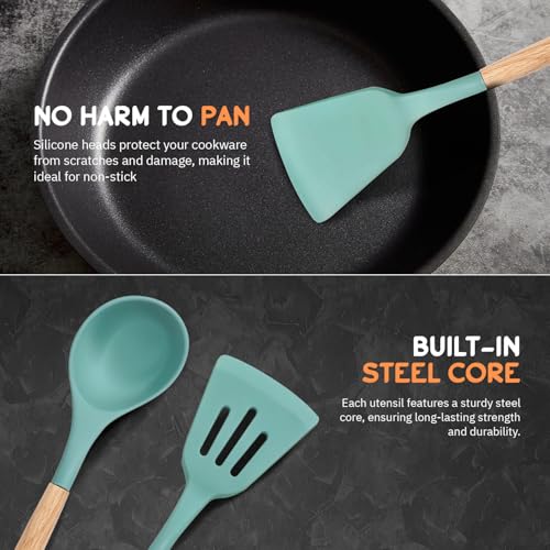 MYOZ Silicone Spatula Set for Non Stick Pan, Ladle, Turner, Spatula Kitchen Cookware Set with Wooden Handles, Baking and Mixing, Durable (3Pc, Green) - Image 3