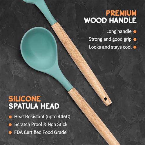 MYOZ Silicone Spatula Set for Non Stick Pan, Ladle, Turner, Spatula Kitchen Cookware Set with Wooden Handles, Baking and Mixing, Durable (3Pc, Green) - Image 4