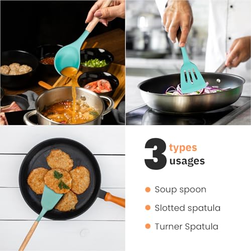 MYOZ Silicone Spatula Set for Non Stick Pan, Ladle, Turner, Spatula Kitchen Cookware Set with Wooden Handles, Baking and Mixing, Durable (3Pc, Green) - Image 2