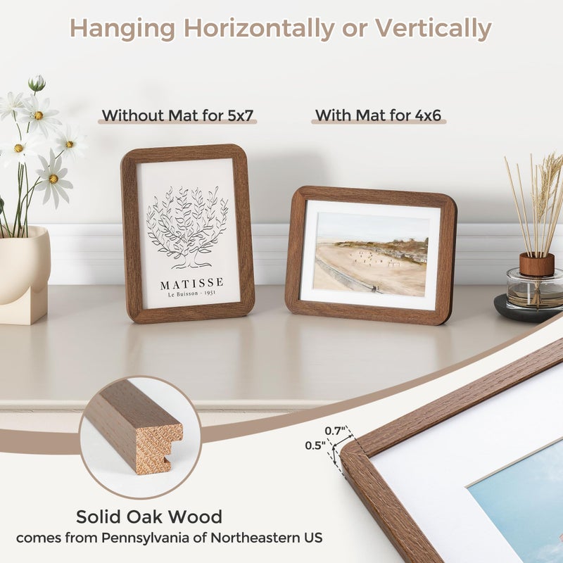 FLYJOE 5x7 Solid Oak Wood Photo Frame | 5x7 Picture Frame With Mat For 4x6 | Plexiglas And Hanging Hardware Included | Walnut Wood (1 Pack) - Image 4