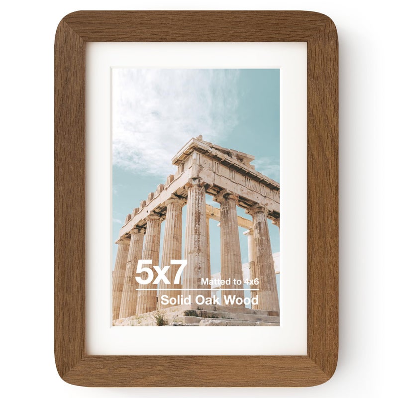 FLYJOE 5x7 Solid Oak Wood Photo Frame | 5x7 Picture Frame With Mat For 4x6 | Plexiglas And Hanging Hardware Included | Walnut Wood (1 Pack) - Image 1