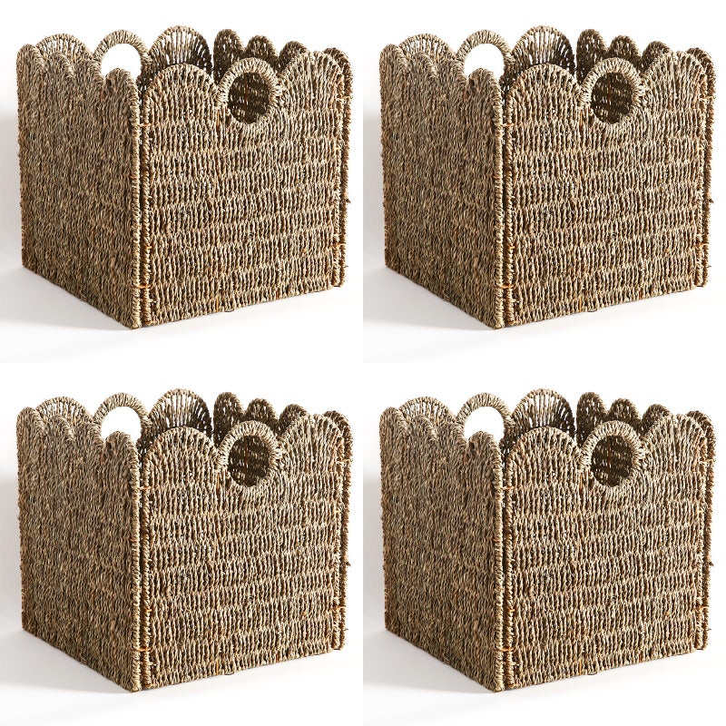 Quincry Scalloped Wicker Storage Cubes Basket, 12â€x12â€œ Heavy Duty Paper rope/Hyacinth/Seagrass Baskets for Shelves, Foldable Natural Boho Square Bins (Seagrass, 12 x 12 x 12in, 4-Pack) - Image 1