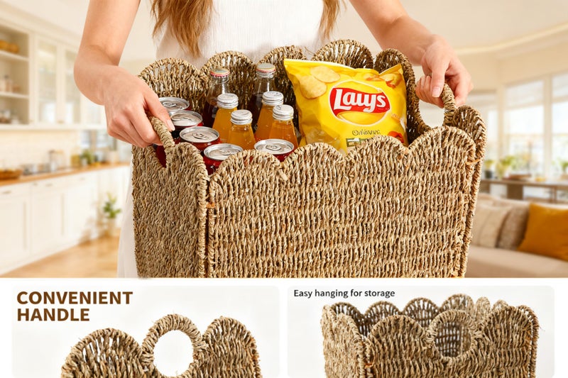 Quincry Scalloped Wicker Storage Cubes Basket, 12â€x12â€œ Heavy Duty Paper rope/Hyacinth/Seagrass Baskets for Shelves, Foldable Natural Boho Square Bins (Seagrass, 12 x 12 x 12in, 4-Pack) - Image 3